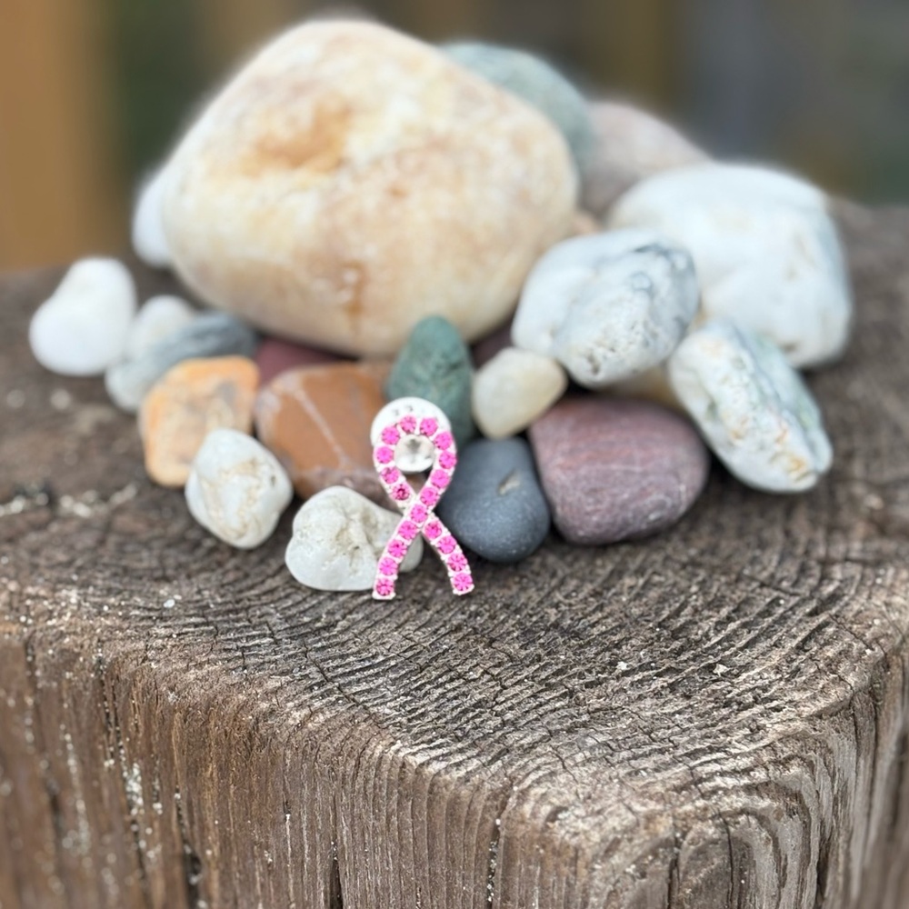 Breast Cancer Awareness Pin Pink Rhinestone Inlay in Silver Tone